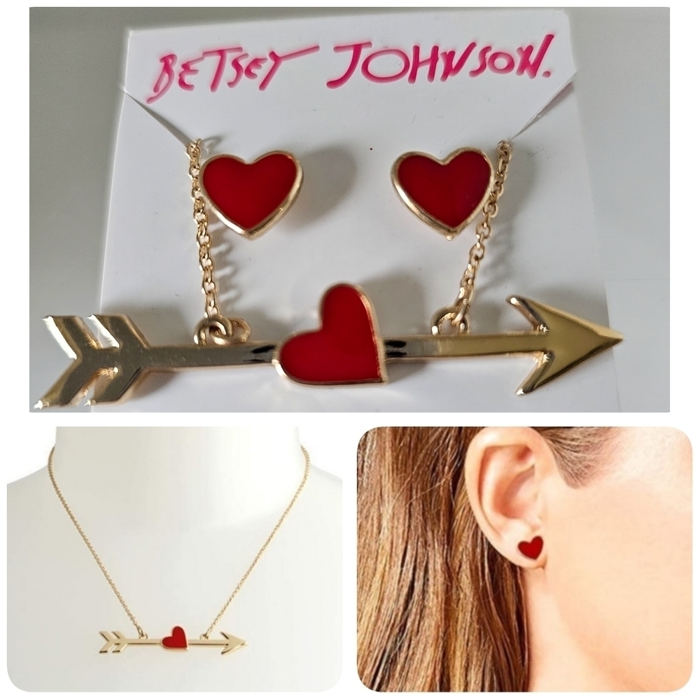 Betsey Johnson Heart Necklace and Earring Set, Gold and Red Enamel Box Gift Idea
